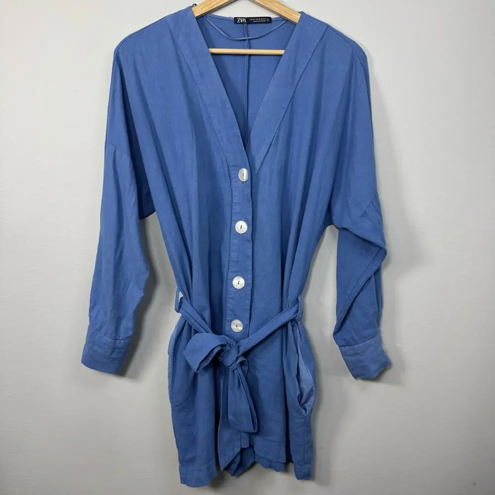 Zara Women's Blue Romper XS Linen V-Neck Jumpsuit Vacation Resort